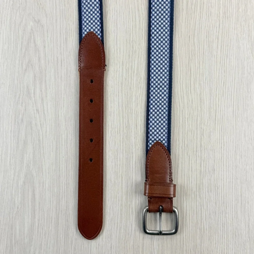 J.Crew Mens Belt Size 40 Navy White‎ Gingham Canvas Brown Leather Trim Preppy